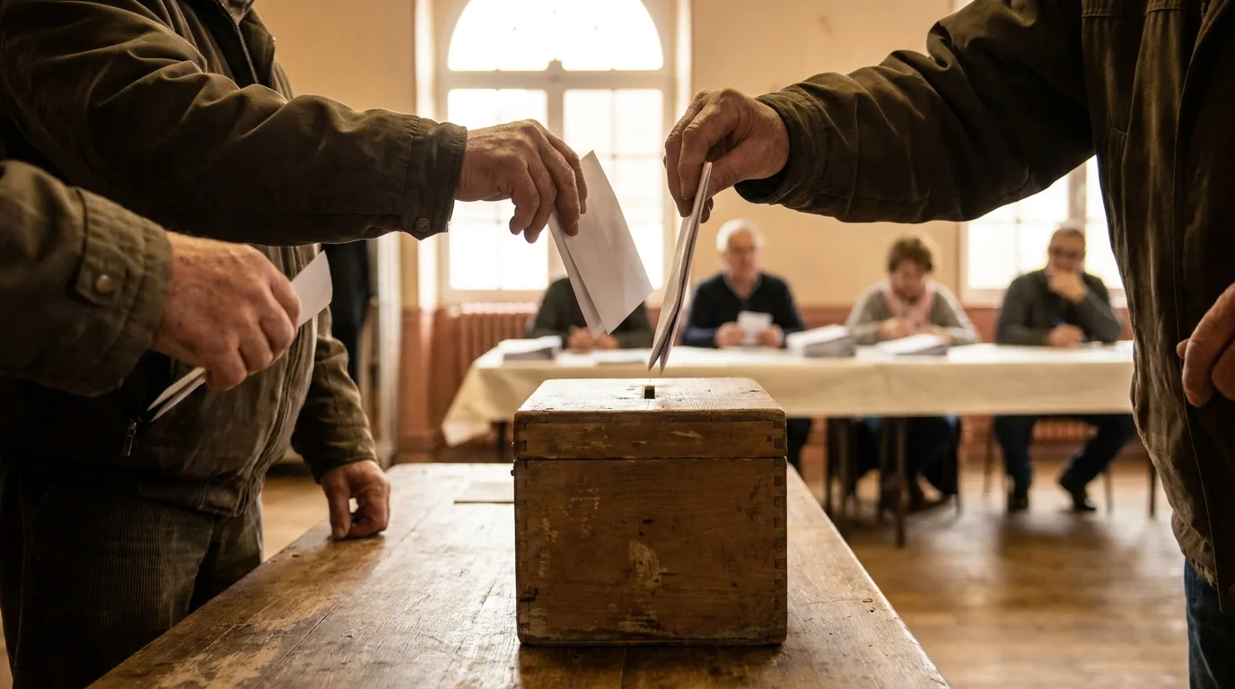 Hände werfen Stimmzettel in eine hölzerne Wahlurne in einem Gemeindesaal, im Hintergrund Wahlhelfer beim Auszählen