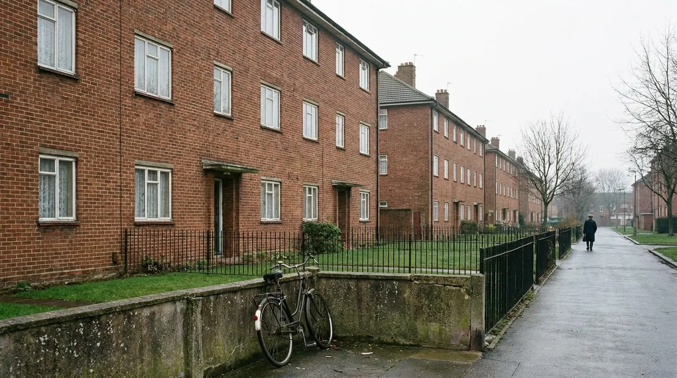 Gleichförmige Backstein-Wohnblöcke einer Nachkriegssiedlung an einer ruhigen Straße, ein Fahrrad lehnt an einer niedrigen Mauer