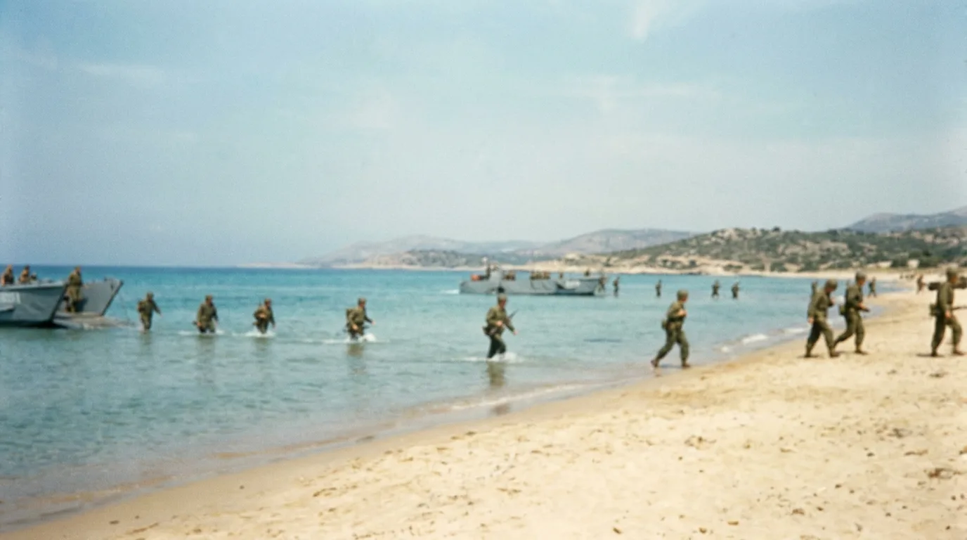 Marines in 1950s uniforms coming ashore on a wide sandy beach, seen from a distance with landing craft behind them