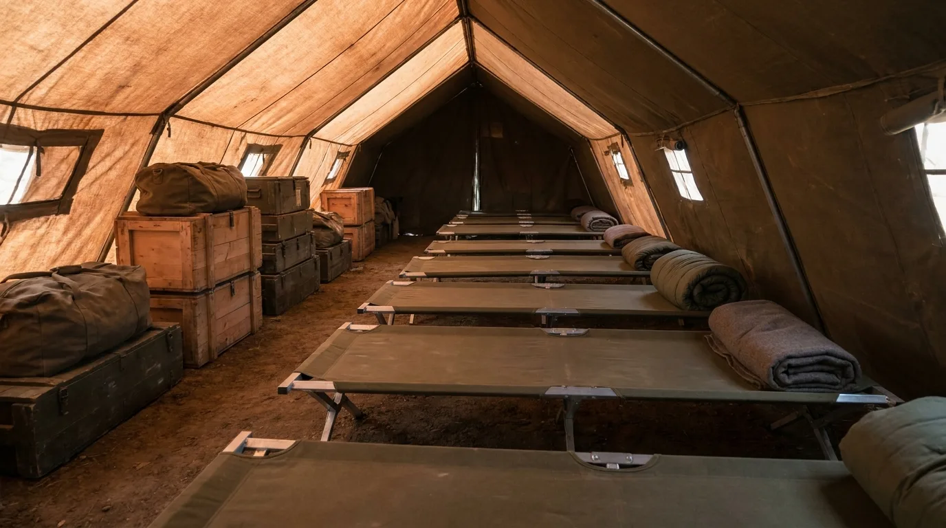 Rows of empty camp beds and equipment crates inside a large military tent at a remote base