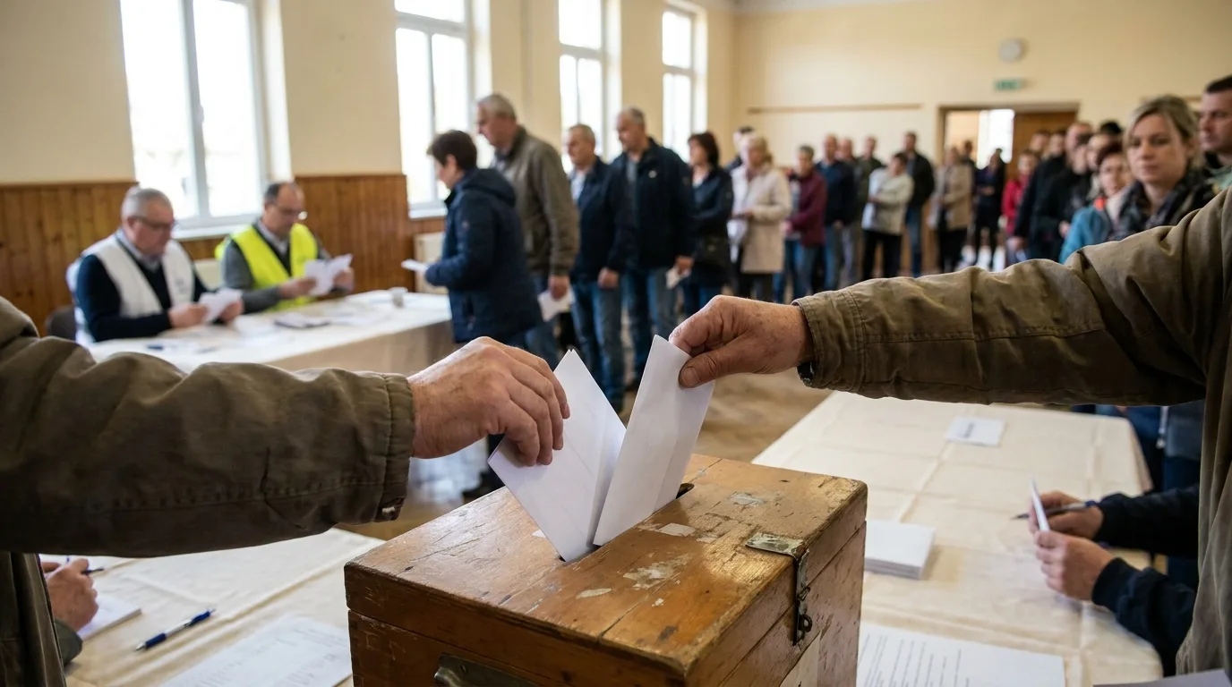 Hands dropping paper ballots into a wooden ballot box in a community hall, with voters queuing and officials counting votes in the background