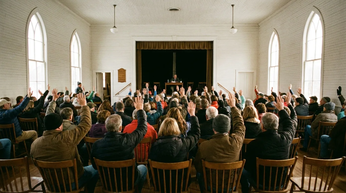 A small town hall meeting with residents seated on wooden chairs raising hands to vote, seen from the back of the room