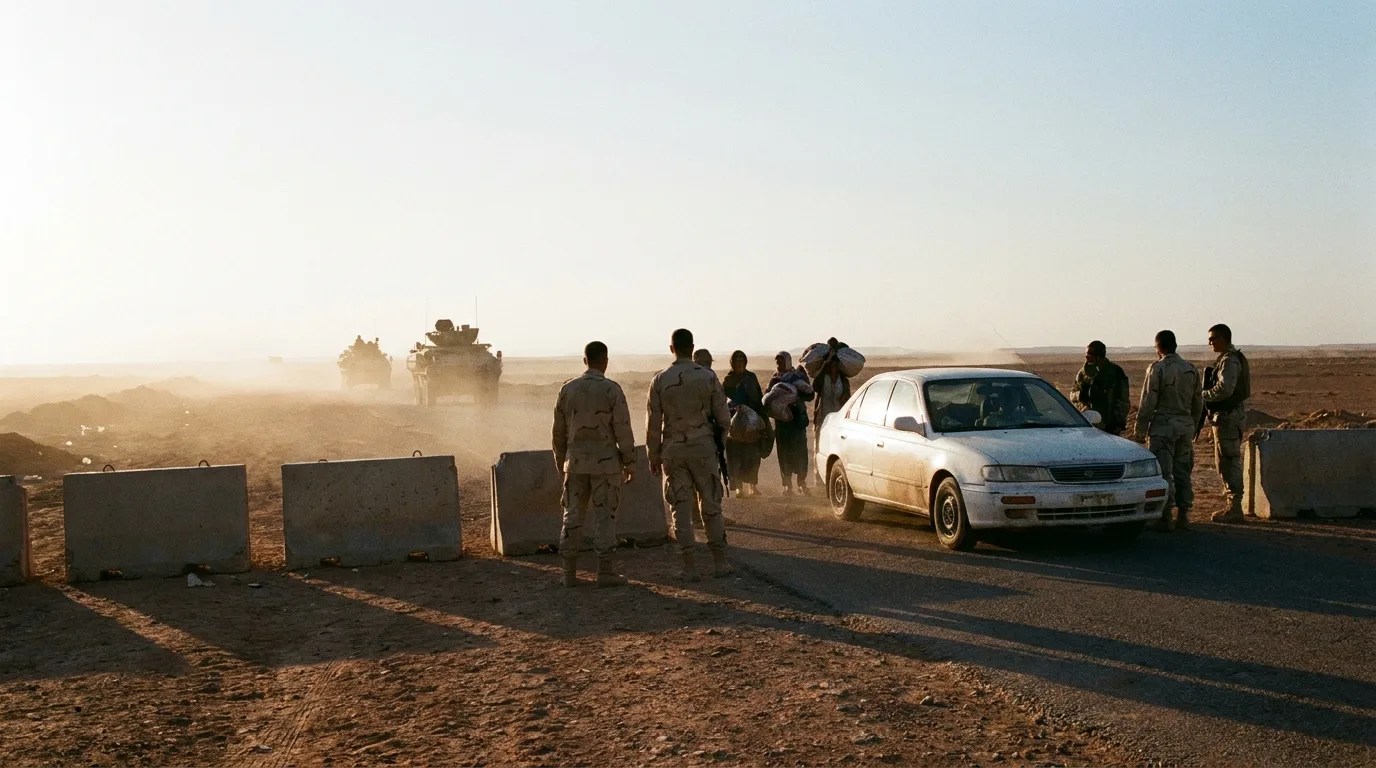 Soldiers and civilians at a desert checkpoint at dawn with military vehicles in the distance