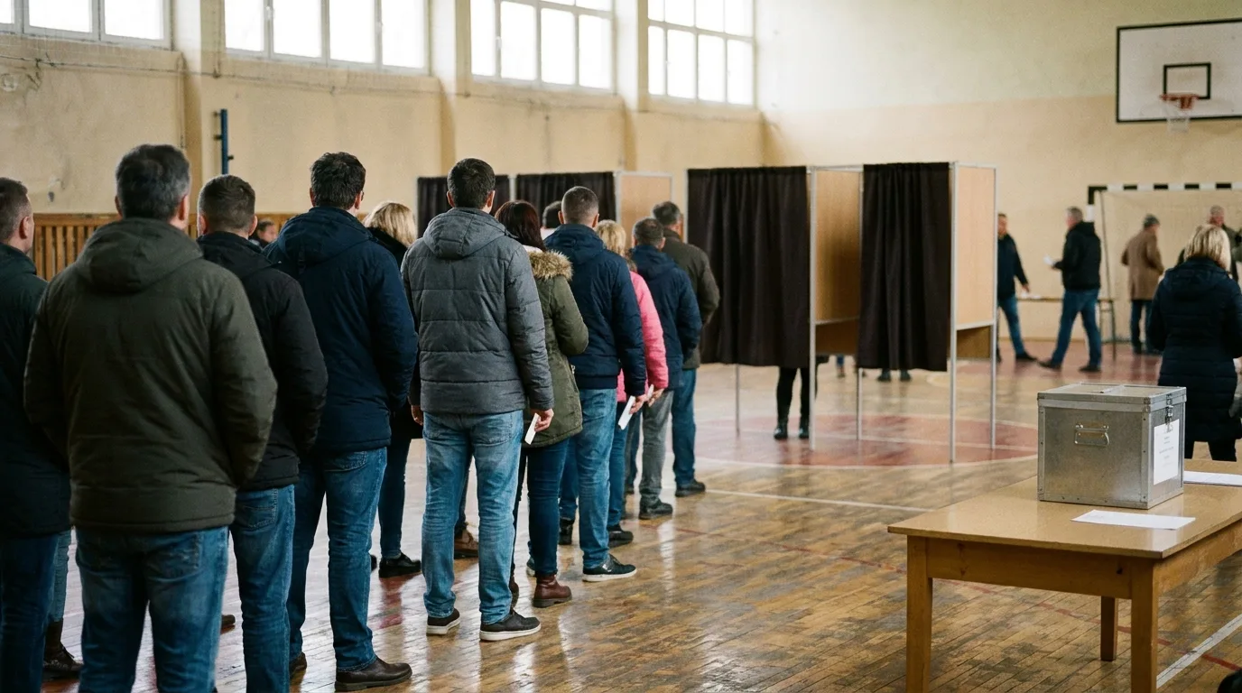 Citizens queueing at a polling station in a school gymnasium, voting booths in the background, faces turned away