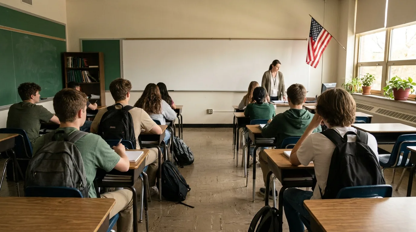 A high school classroom with students at desks during a civics lesson, an American flag near the window