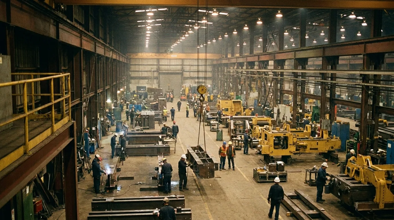 Workers in a large manufacturing hall assembling machinery under bright industrial lights, seen from a distance