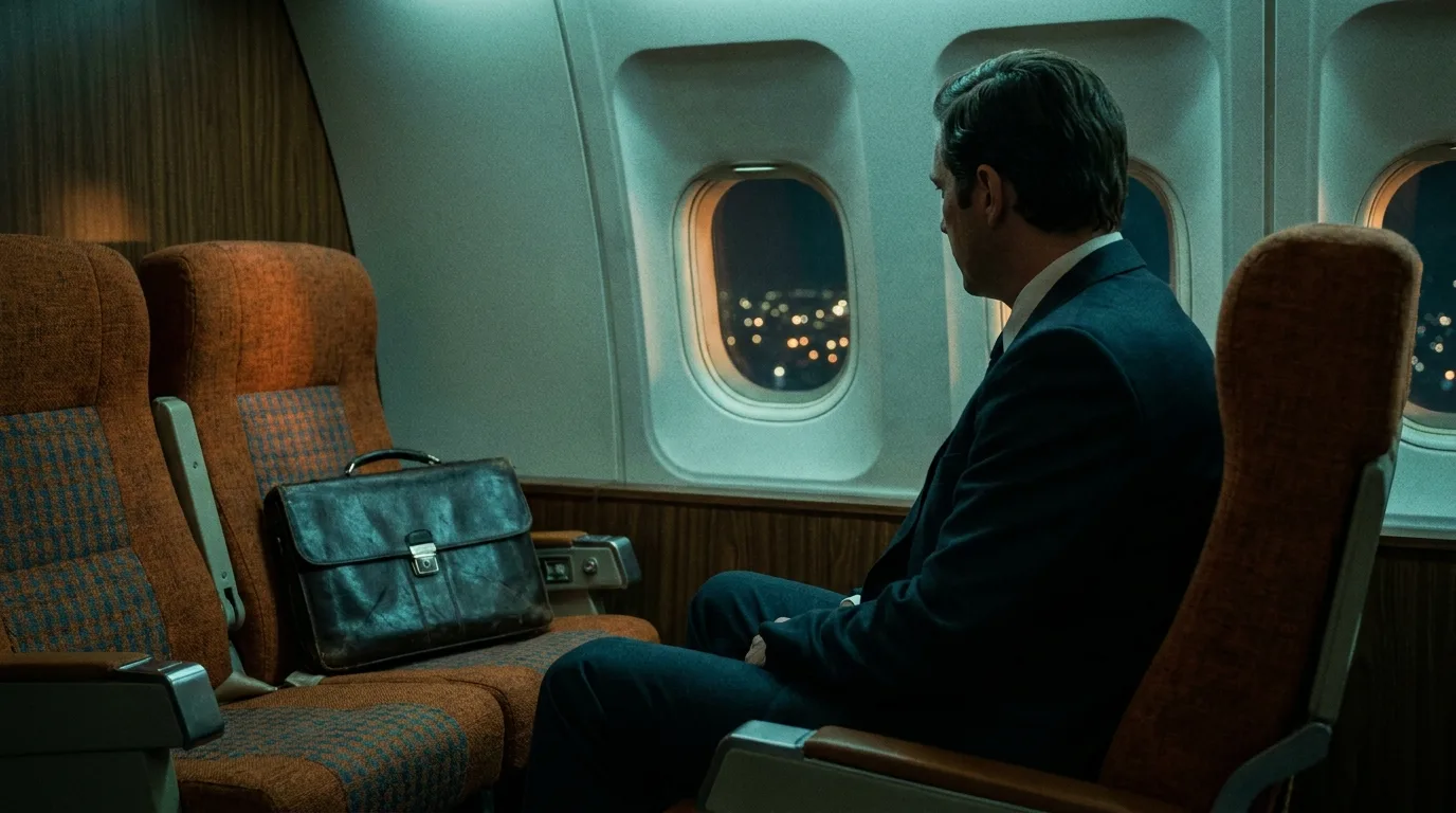 A diplomat looking out of an aircraft window at night over city lights, a briefcase on the seat beside him