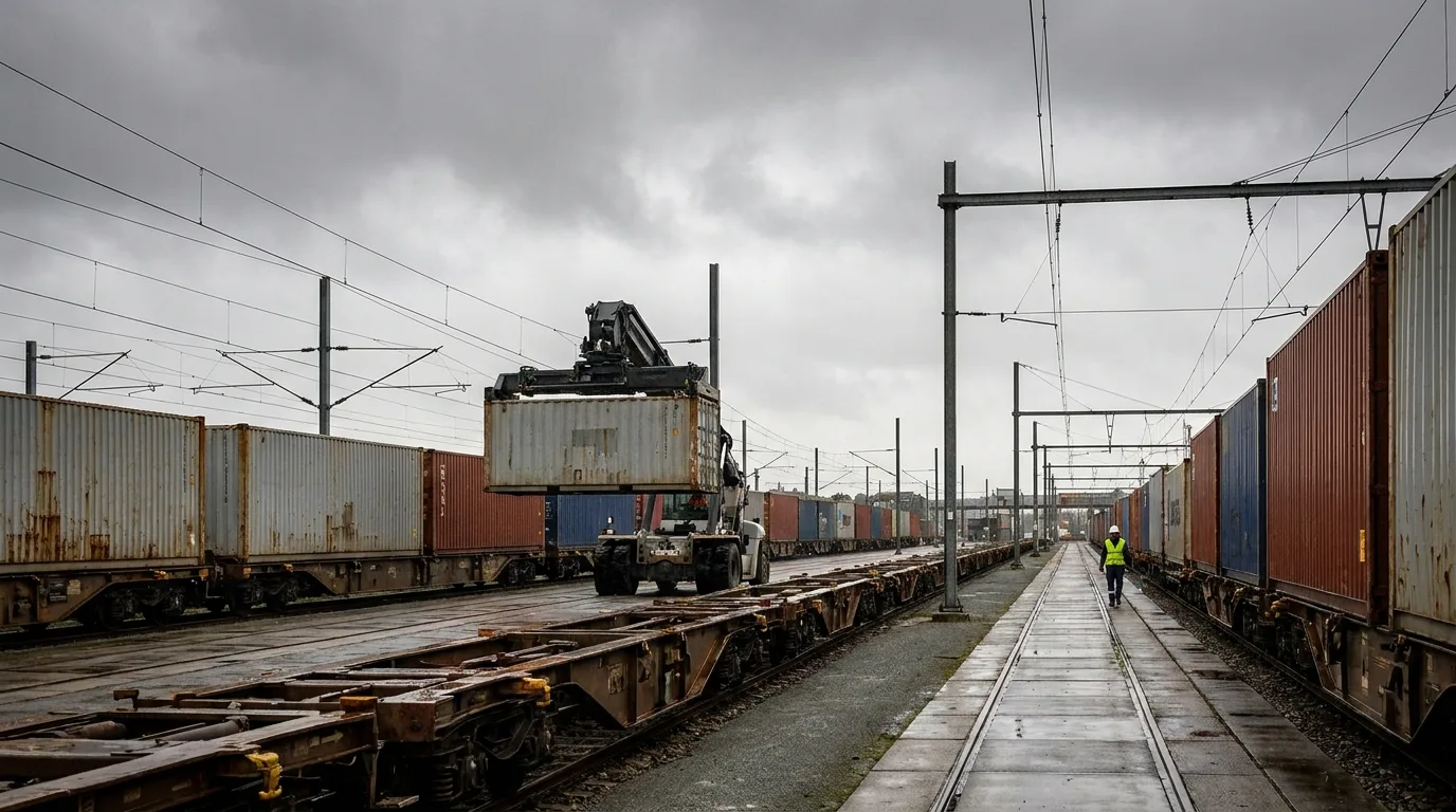Güterzüge mit Containern an einem Umschlagterminal im Binnenland
