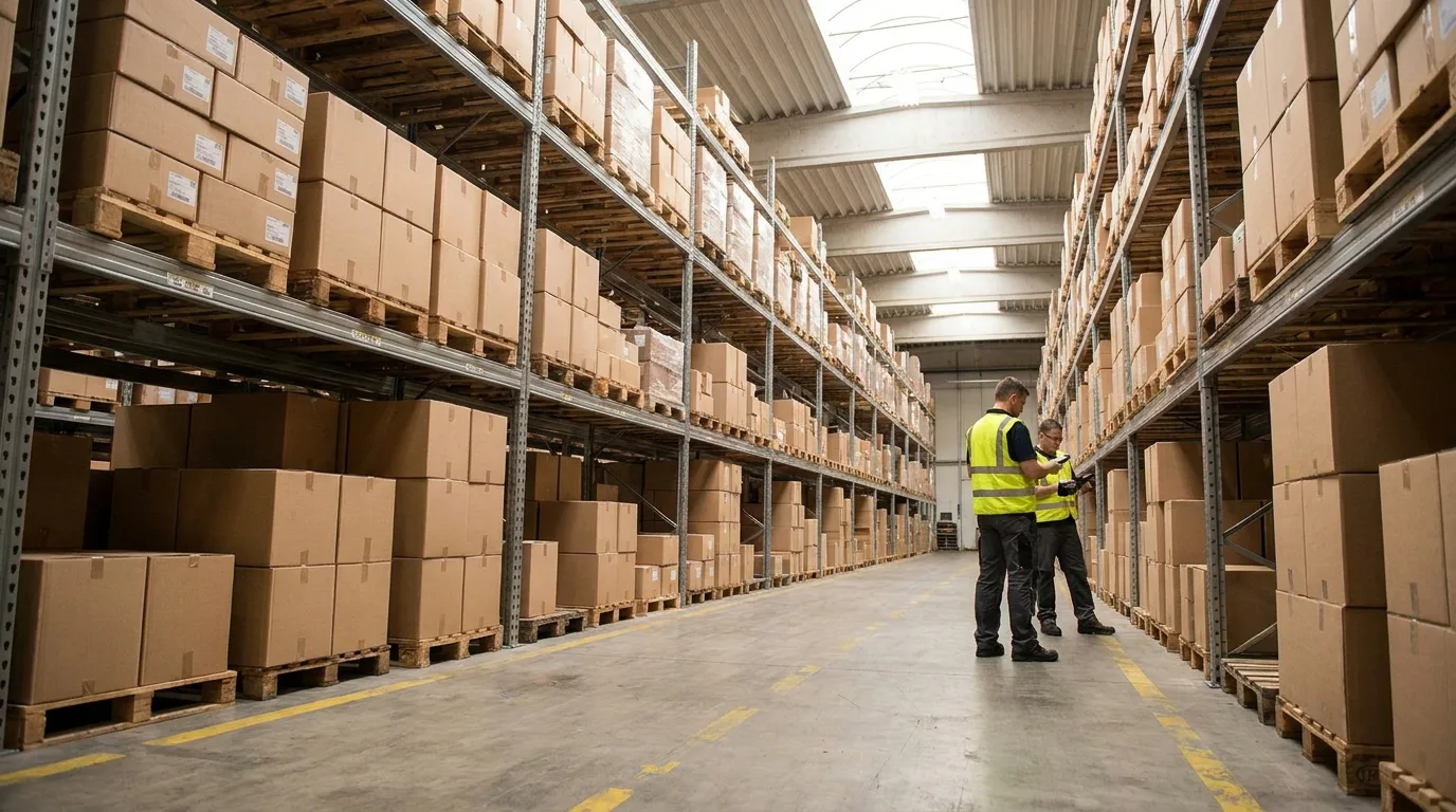 Workers checking goods in a large logistics warehouse with shelves and parcels