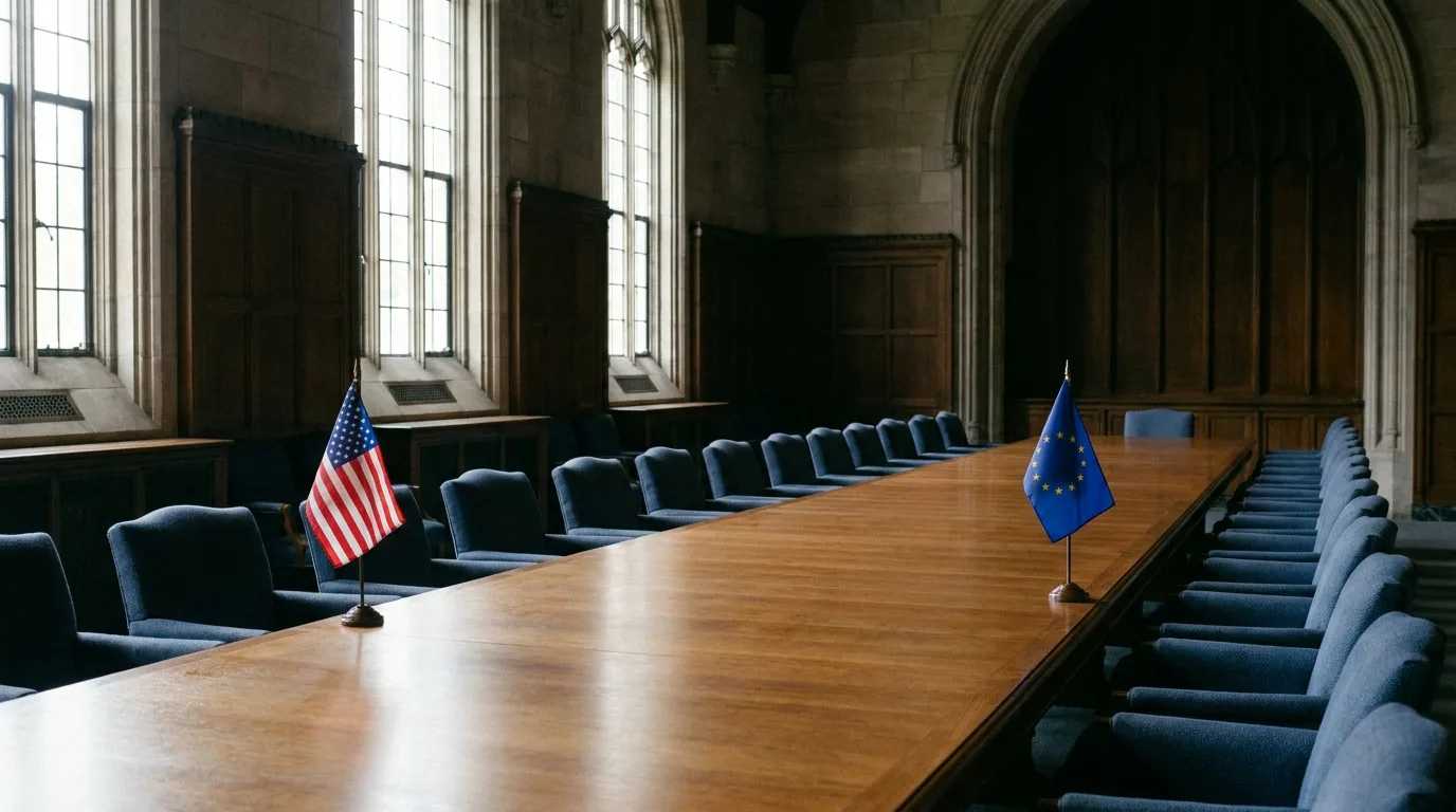 An empty transatlantic conference table with American and European flag stands at opposite ends