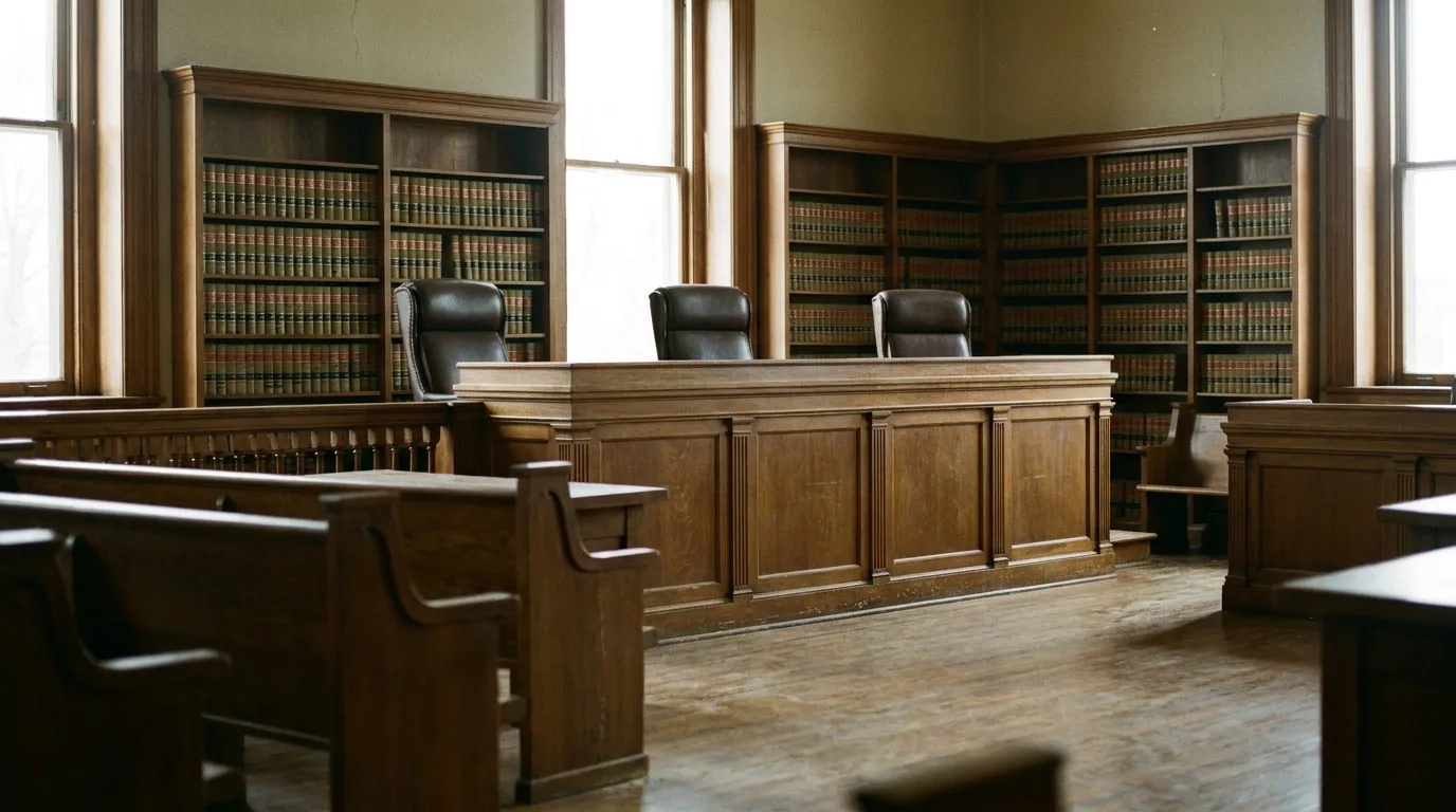 A wood-paneled appellate courtroom with an empty judges' bench and rows of law books