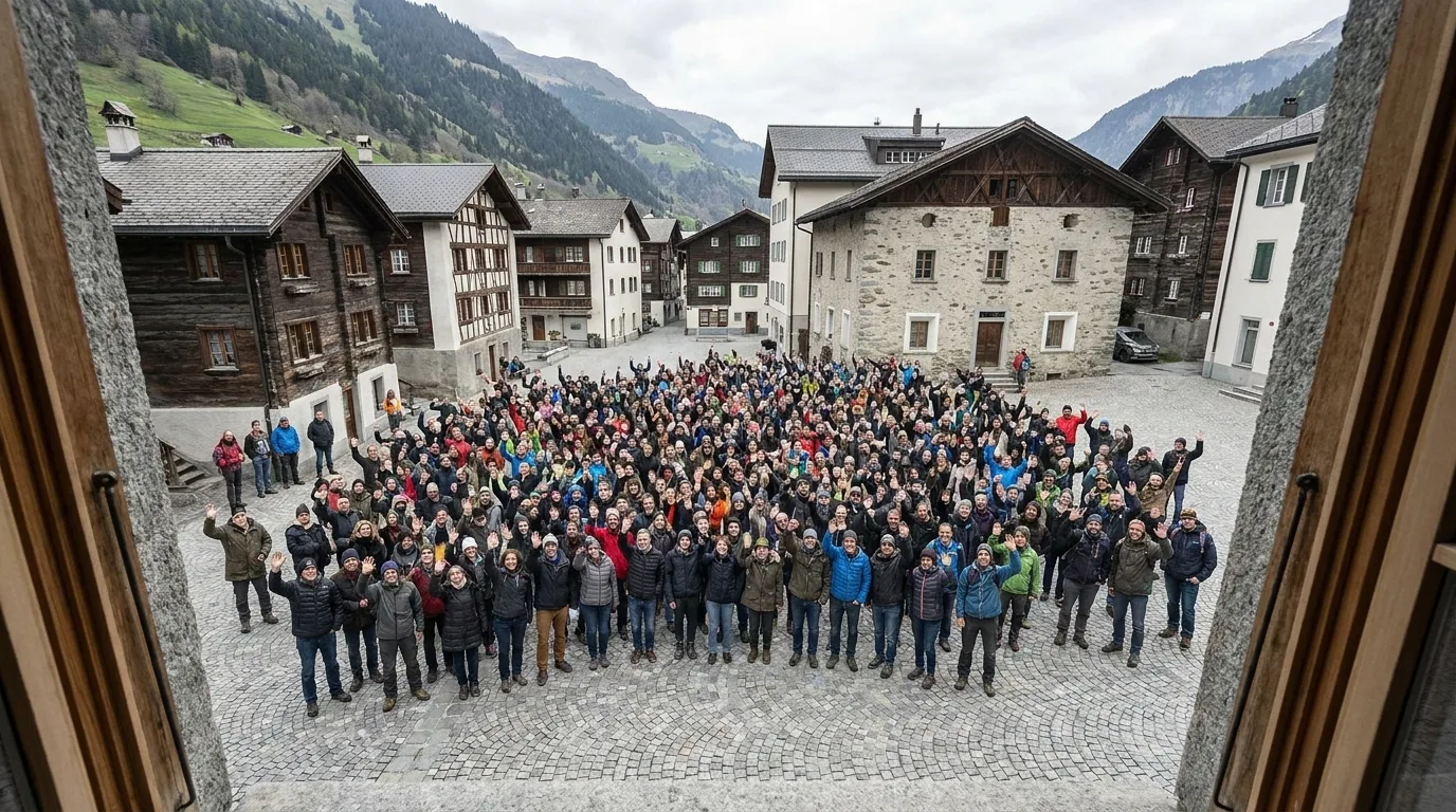 Residents gathered in the cobbled square of an alpine village, many with raised hands