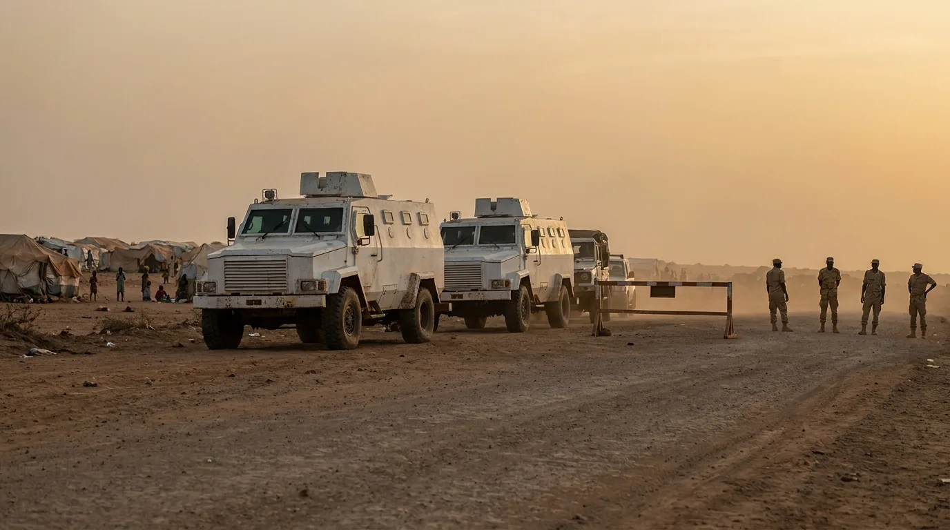 Armored white trucks and a few soldiers seen from a distance at a dusty checkpoint near a refugee camp