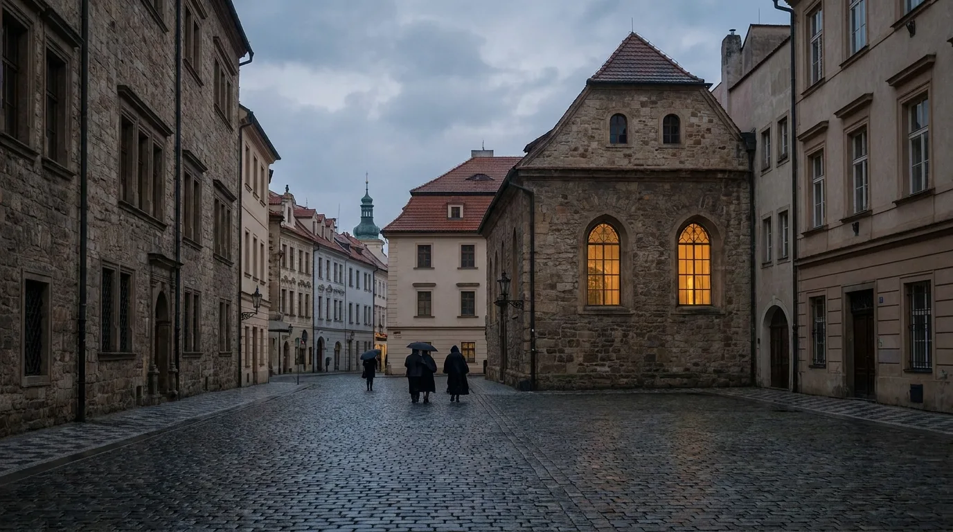 A wet cobblestone street in an old European town at dusk, with a historic stone synagogue whose arched windows glow with warm light