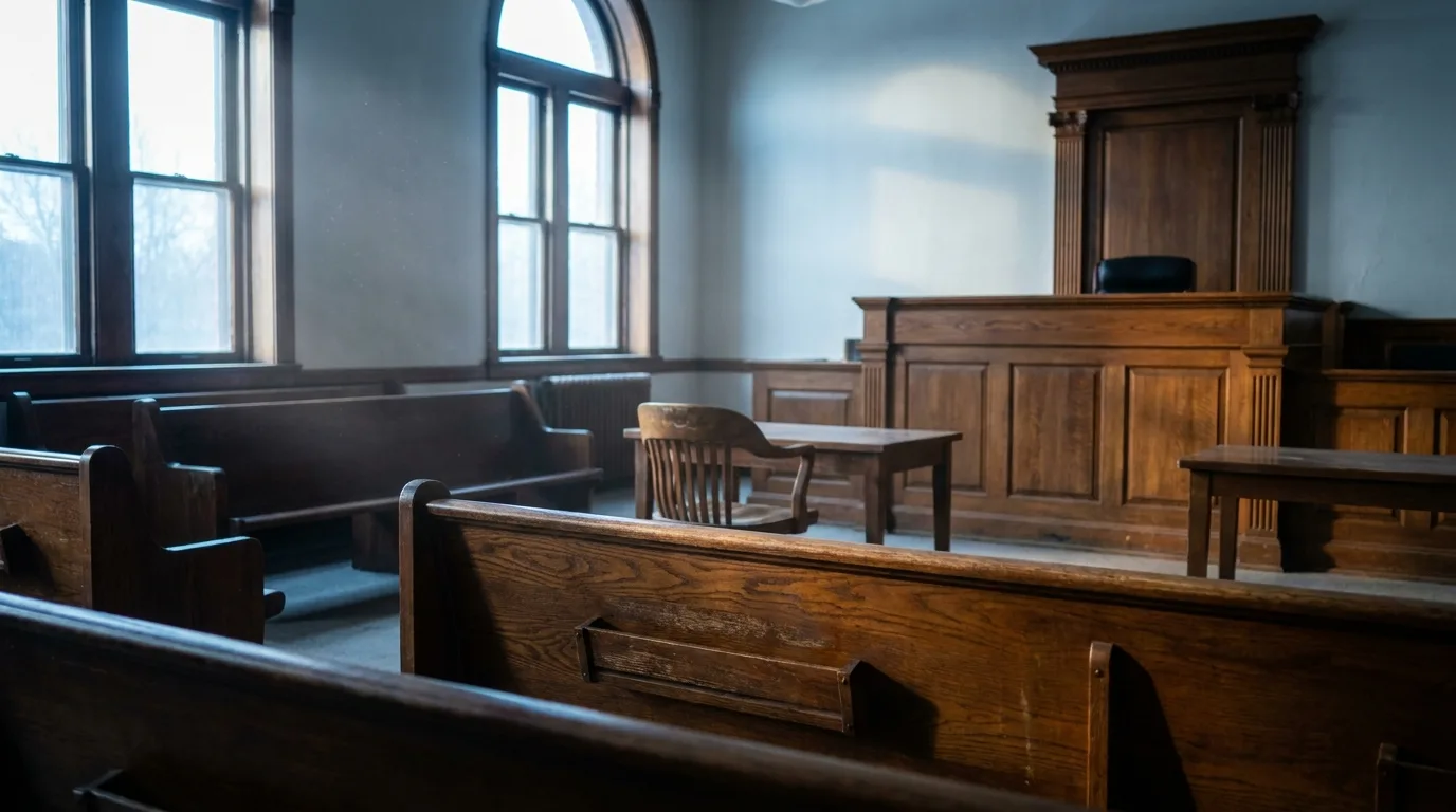 A quiet, empty American courtroom with wooden benches and a judge's bench in soft morning light