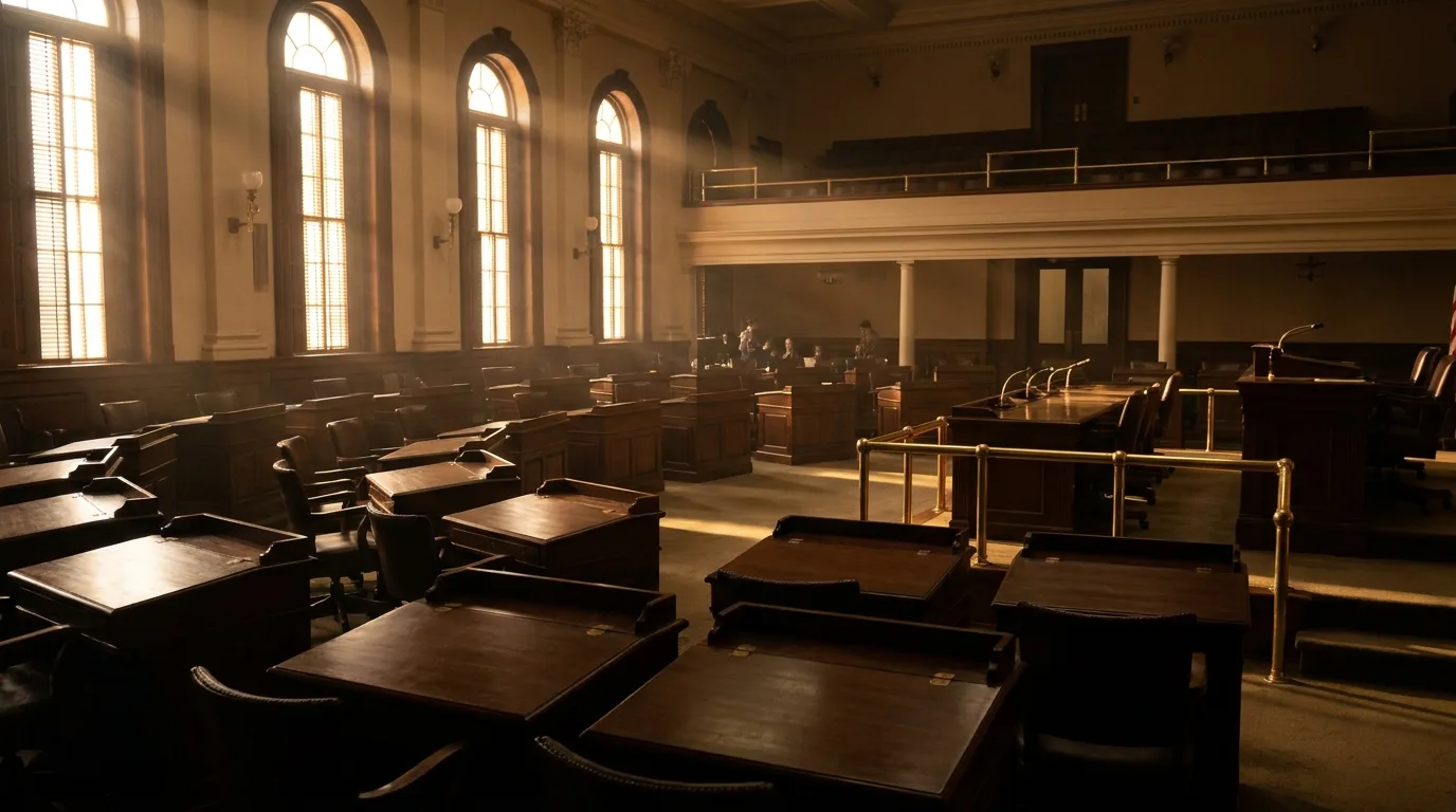 A quiet Senate-style chamber with empty wooden desks in late afternoon light