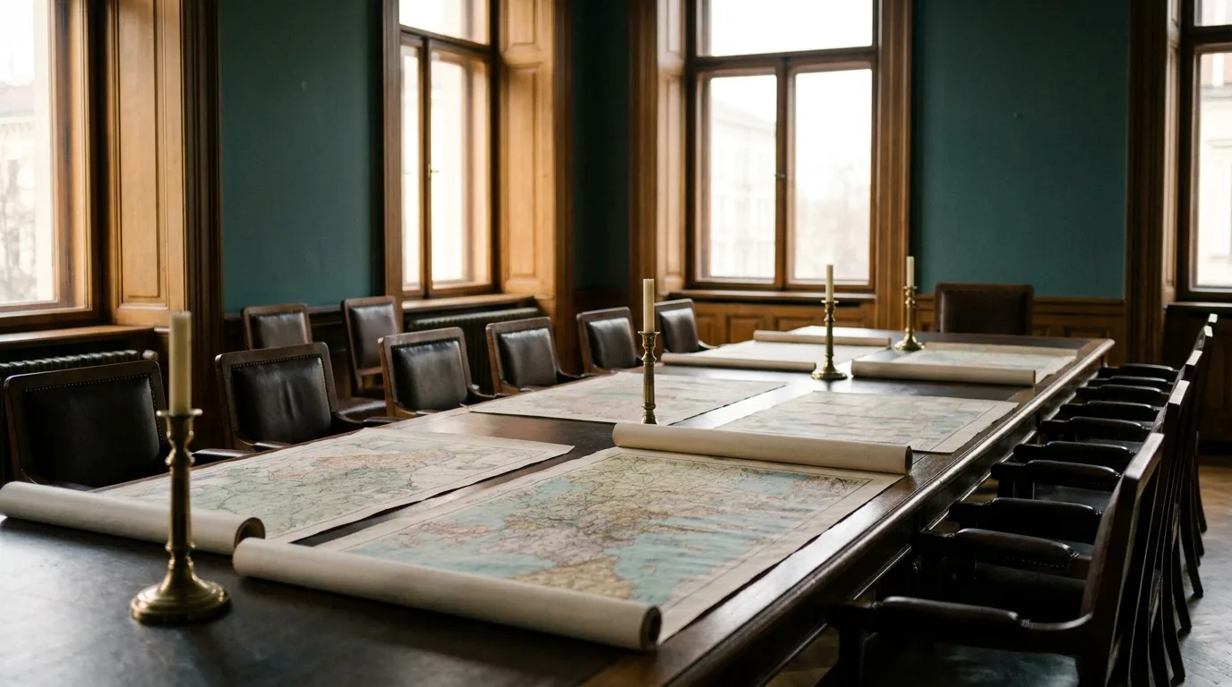 A nineteenth-century European parliament chamber with a long negotiating table, maps and candlelight