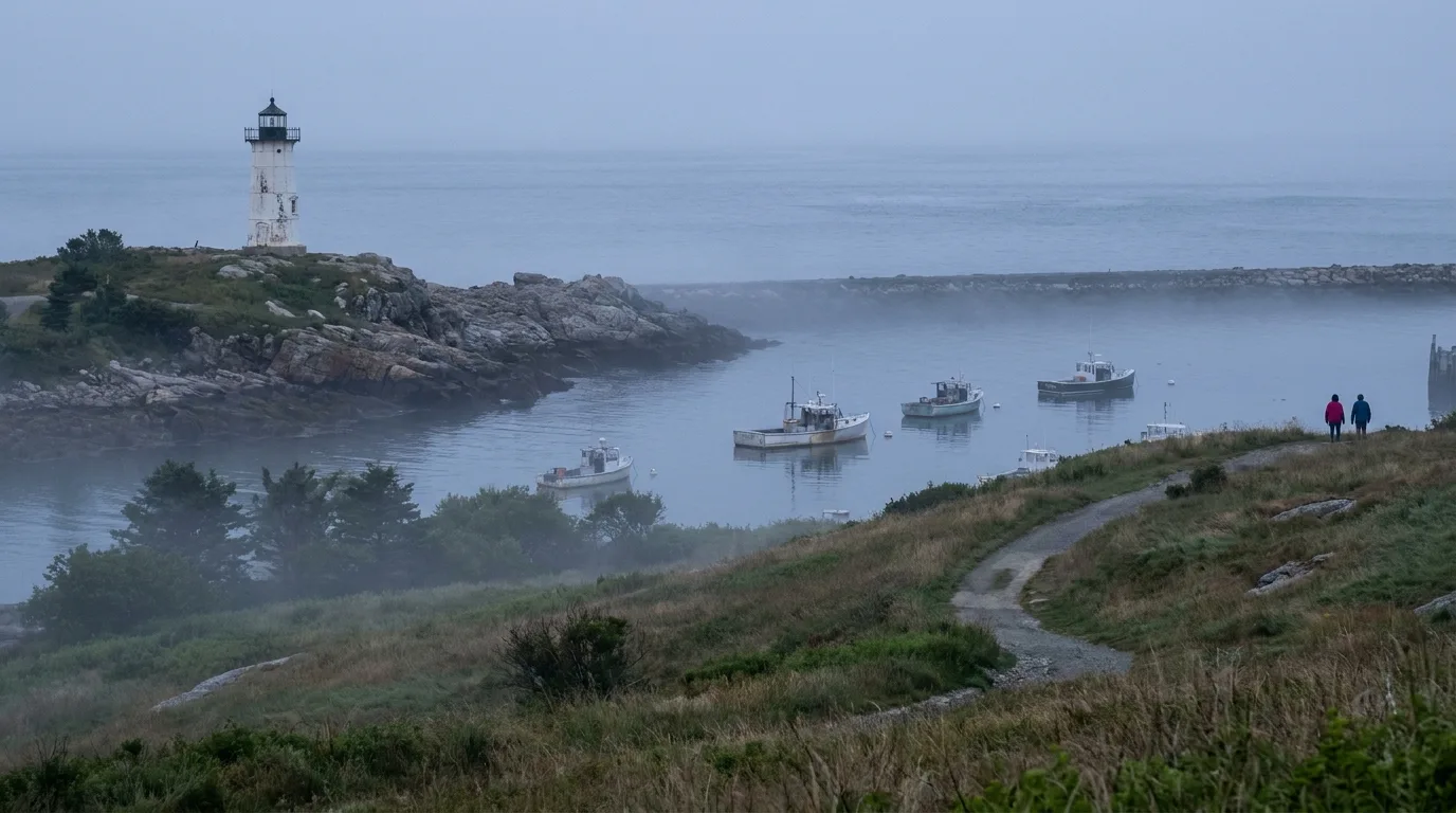 A misty New England harbor at dawn seen from a coastal hill, with an old lighthouse on a rocky point and the open Atlantic beyond