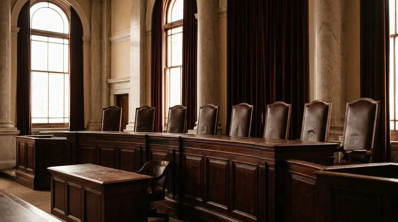 An empty high court bench with a row of leather chairs between marble columns, the setting of judicial review