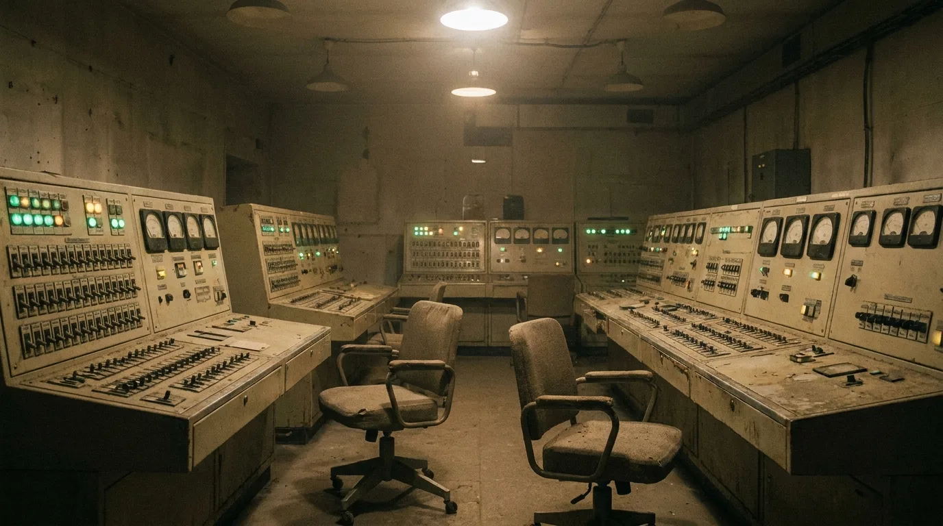 Empty Cold War era missile control room with rows of consoles, switches and dim indicator lights