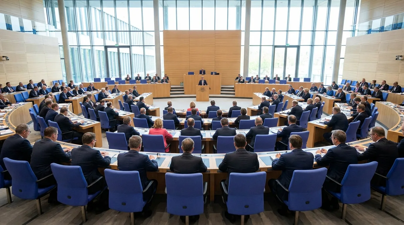 Plenarsaal eines deutschen Landtags während einer Debatte über einen Gesetzentwurf