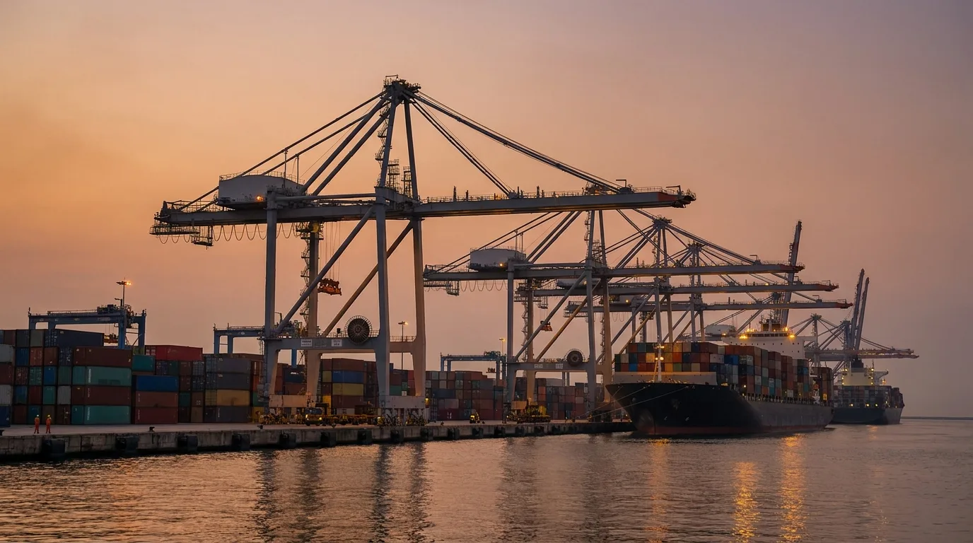 Container ships and cranes at a busy international port at dusk
