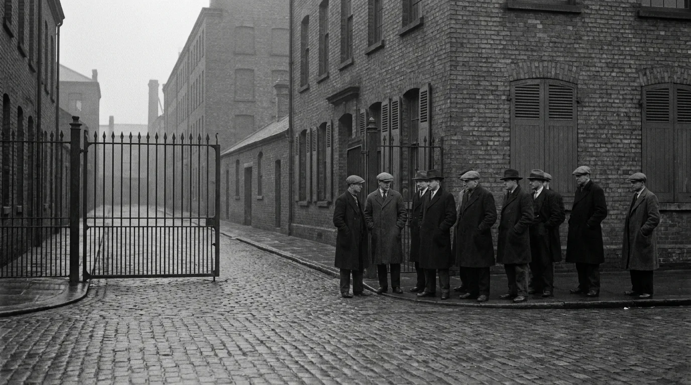 Black-and-white scene of a 1930s industrial street with closed factory gates and men in winter coats waiting on the corner, evoking the Great Depression