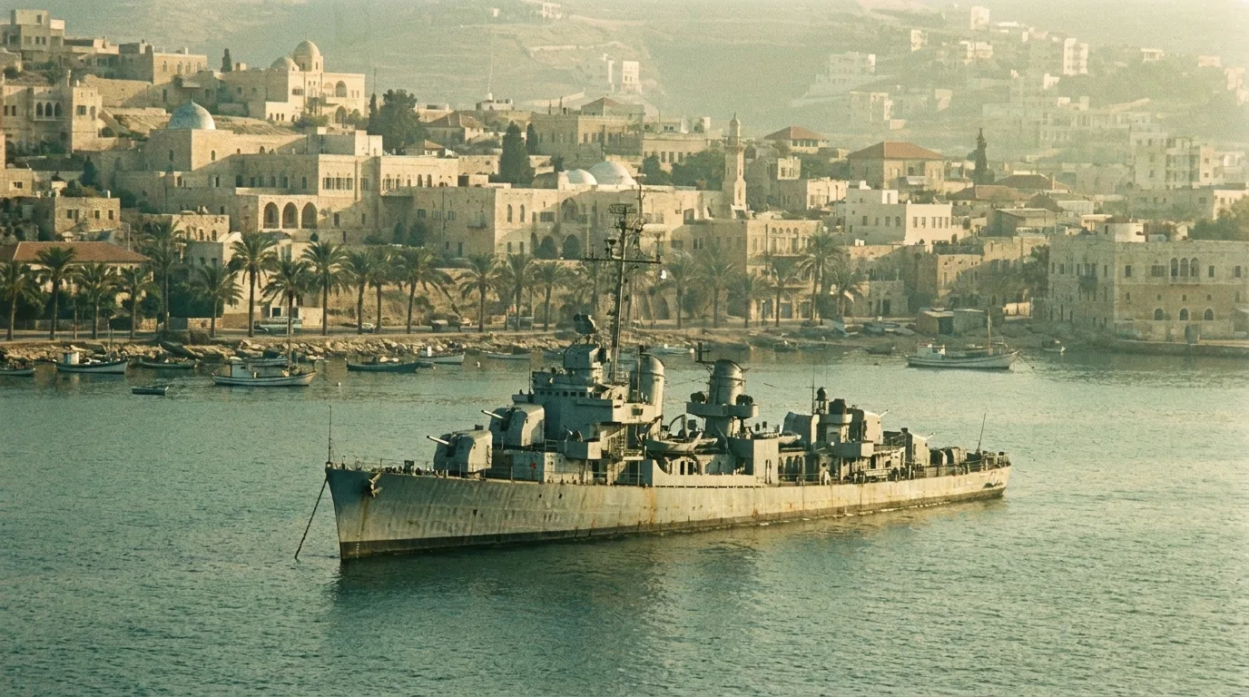 A 1950s Mediterranean harbor at dawn with a grey naval ship offshore and a coastal city behind it