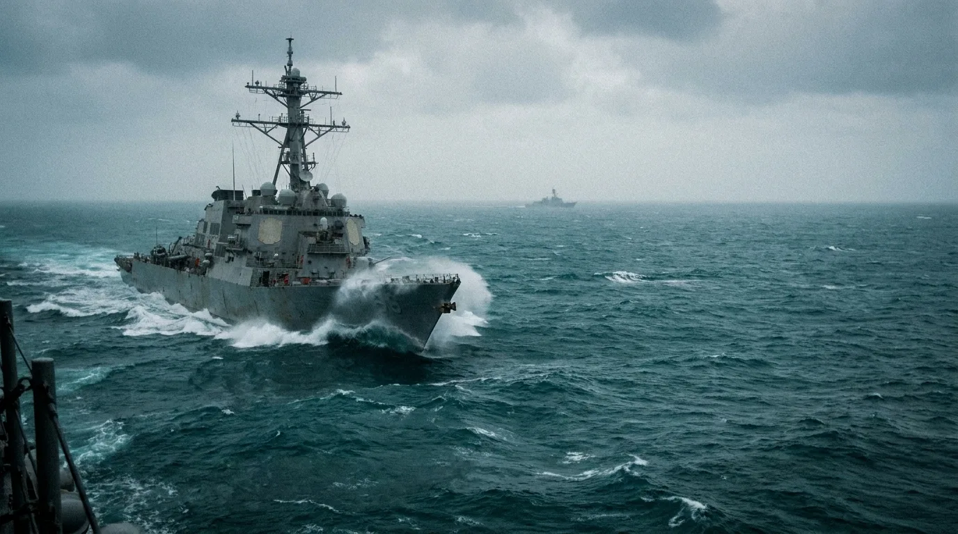 A naval destroyer at sea under a grey sky with a second warship on the horizon