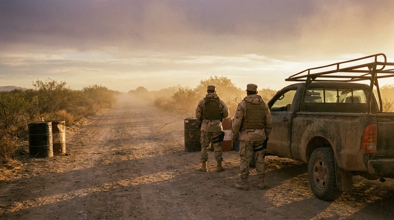 Armed private security contractors in desert camouflage standing beside a dusty pickup truck at a checkpoint at dawn