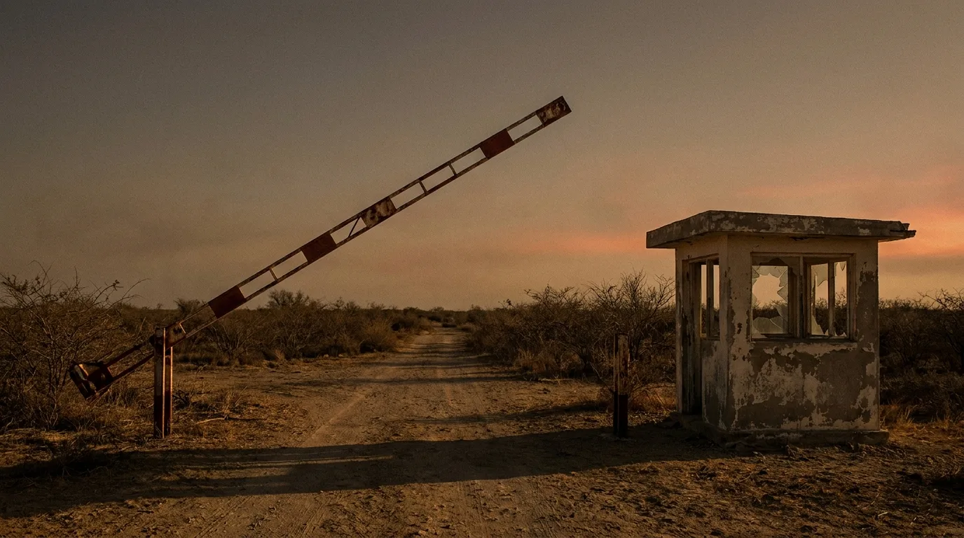 An abandoned border post with a raised barrier and an empty guard hut on a dusty road at dusk