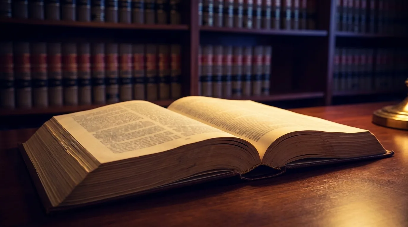 An open statute book on a wooden table in a law library, the starting point of textualism
