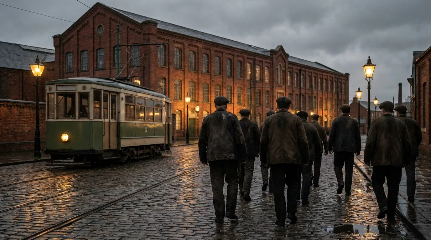 Factory workers in caps walking along a wet cobblestone street past a green tram and a red-brick factory at dusk, the industrial setting where socialism and communism first took shape