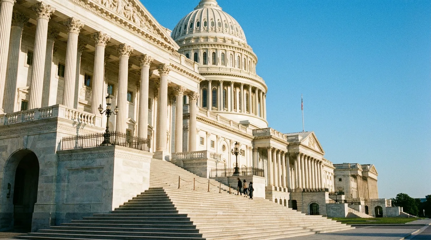The domed United States Capitol in morning sun, with a few small figures climbing its broad stone staircase