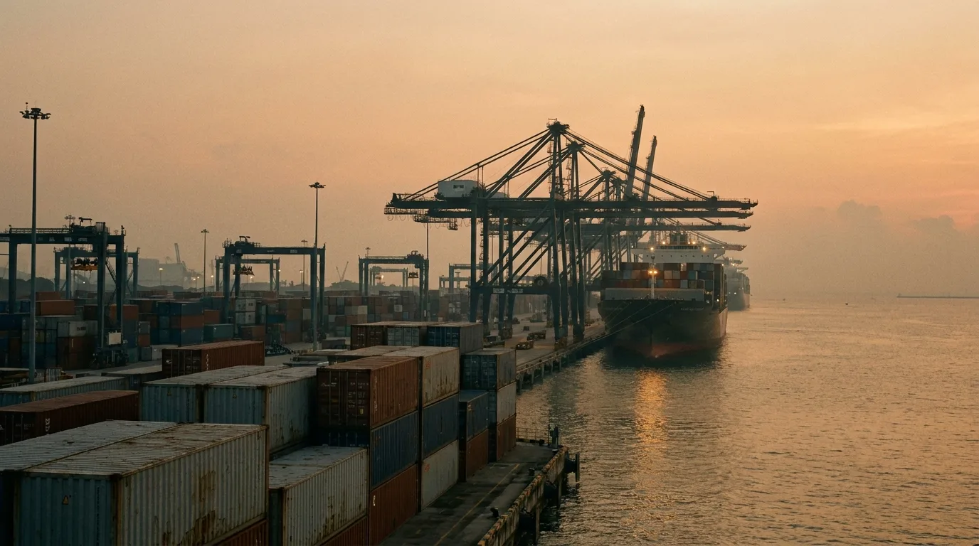 Container ships and cargo cranes at a busy Southeast Asian port at dusk