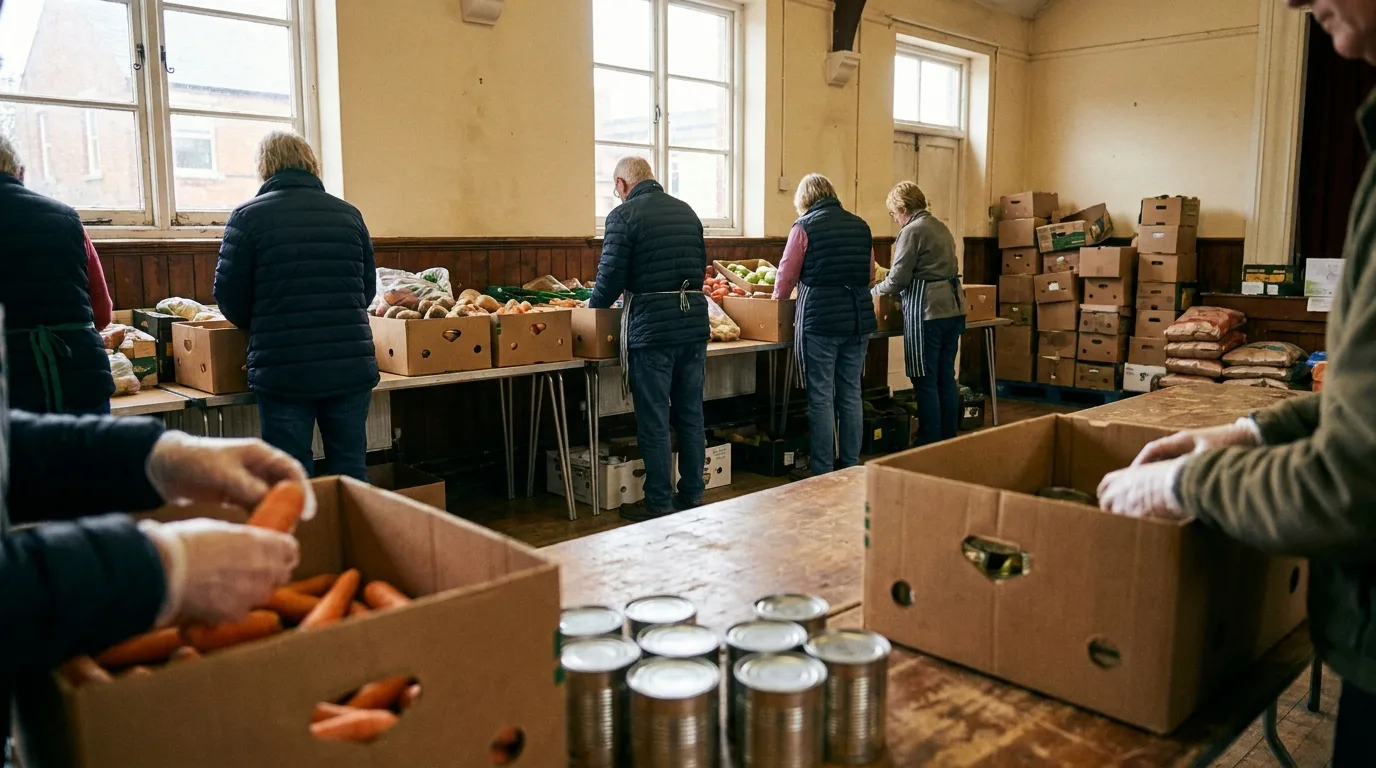 Volunteers packing donated vegetables and cans into boxes at a community food bank, an everyday example of civil society