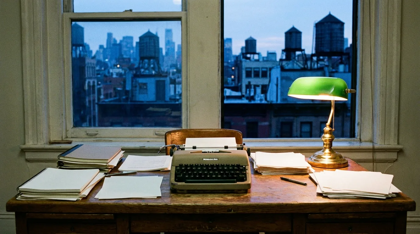 A late-1970s New York editorial office at dusk with stacks of journals, a typewriter and a window over Manhattan rooftops