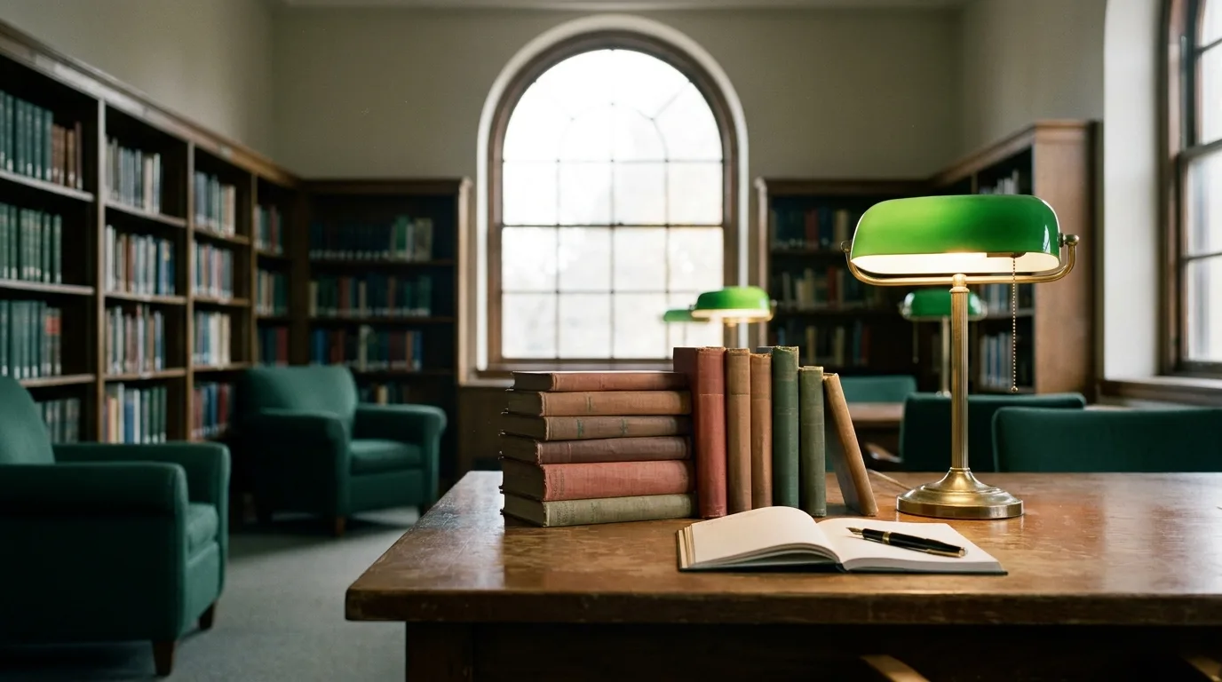 Old political economy books stacked on a reading room desk under a green lamp