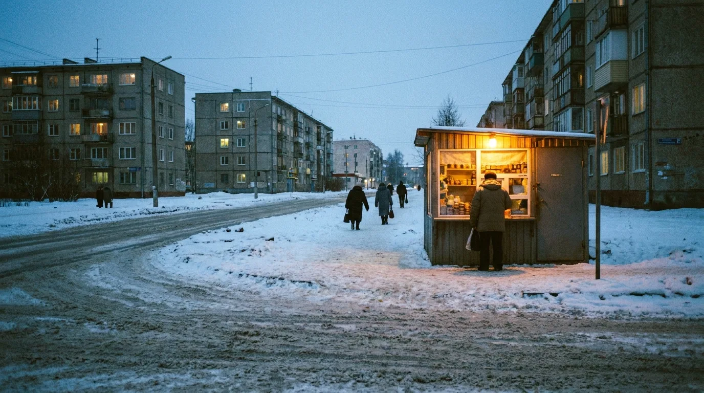 Winter street in a Russian city at dusk with older apartment blocks and a lit kiosk