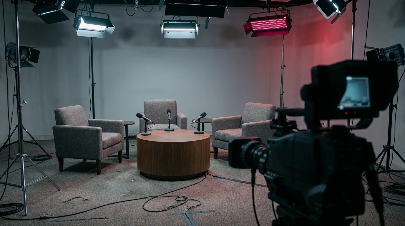 A television studio set prepared for a panel discussion, with empty chairs, studio lights and a camera in the foreground
