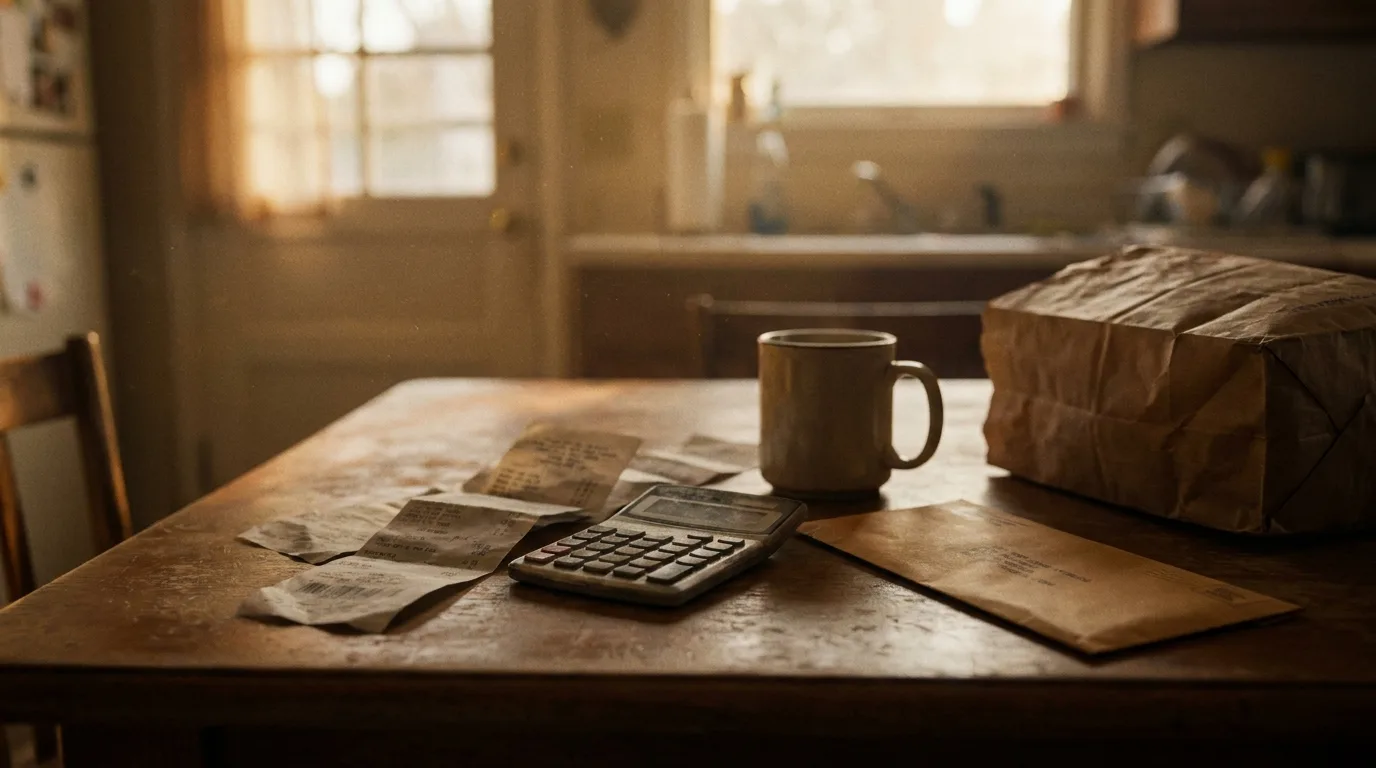 A modest American kitchen table with grocery receipts, a calculator and a utility bill in late afternoon light
