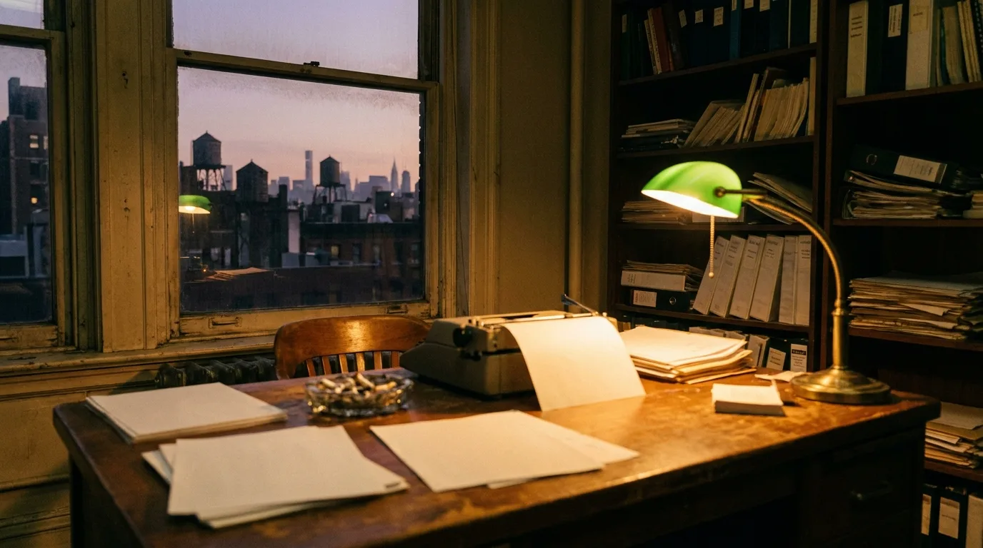 A quiet New York editorial office in the 1970s with a typewriter, stacks of paper and a window over Manhattan