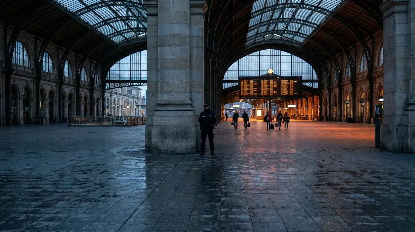A large European railway station at dusk with a lone security officer and a few distant travellers