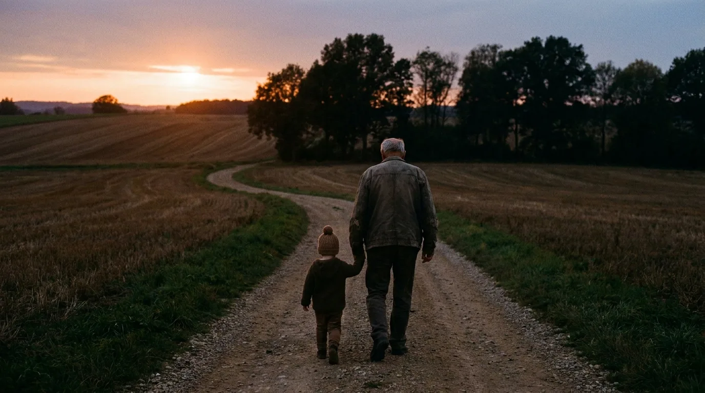 A grandfather and a small child walking along a quiet country road at dusk, seen from behind