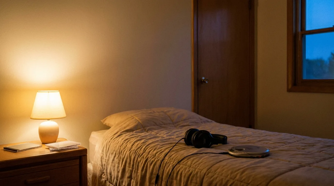 A teenager's bedroom at dusk with headphones and a portable CD player on the bed beside a lit lamp