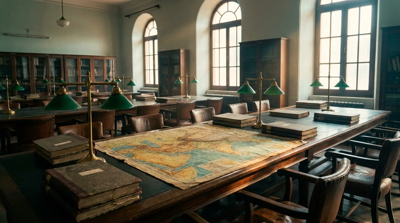 A quiet colonial-era reading room with long wooden tables, an old map of the Middle East and tall windows