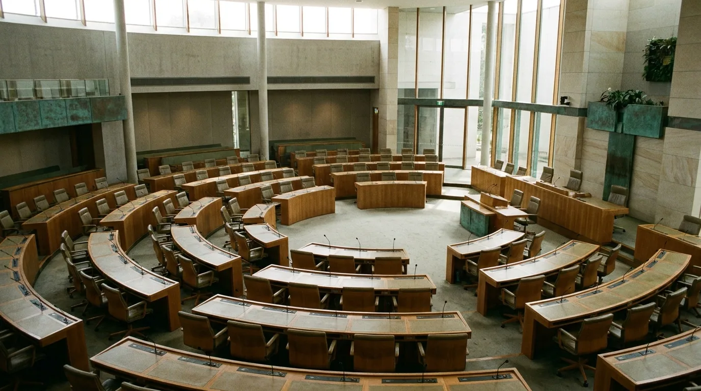 A large legislative chamber seen from the public gallery, rows of empty desks in a semicircle under soft daylight
