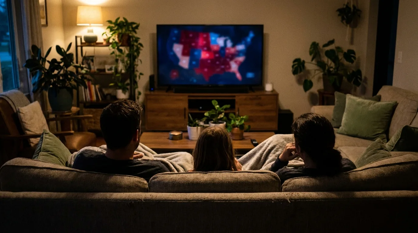 A family of three seen from behind on a living room sofa, watching election night coverage on a television