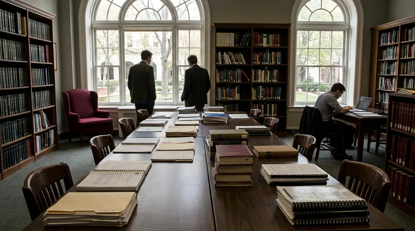 A research library with long tables covered in printed reports and an analyst working on a laptop by the window