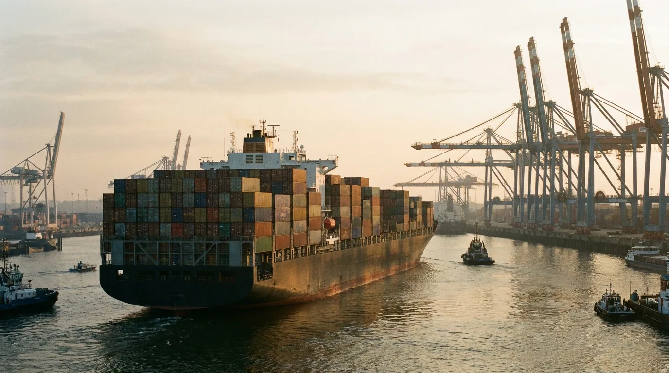 Container ship stacked with colorful shipping containers moving through a busy harbor at dawn, with cranes on the quay